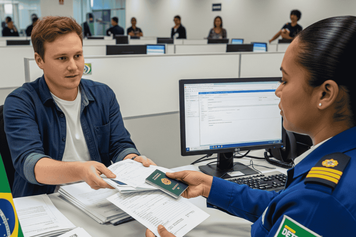 A foreigner submitting documents at the DETRAN office for a CNH Brazil application.