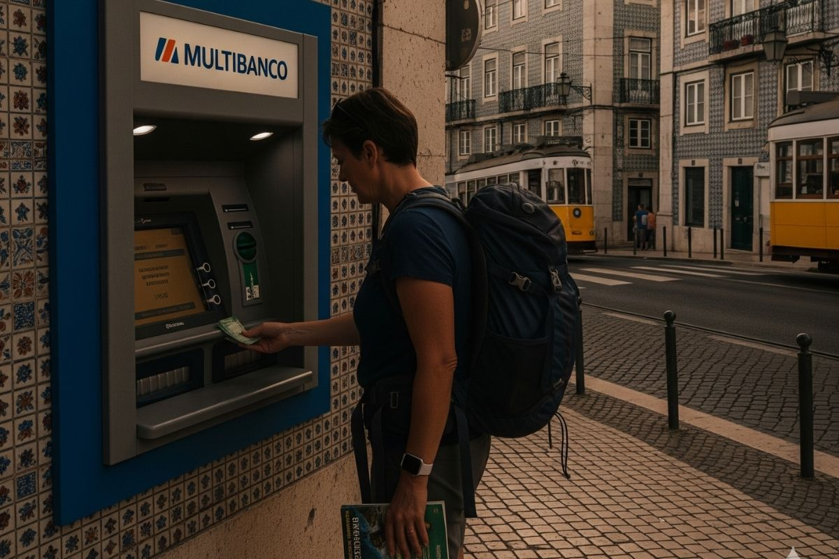 A woman withdrawing from her Portuguese bank account at a Multibanco ATM
