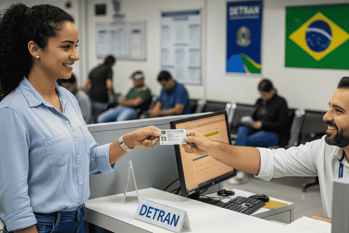 A woman receiving her Brazilian CNH from the DETRAN office