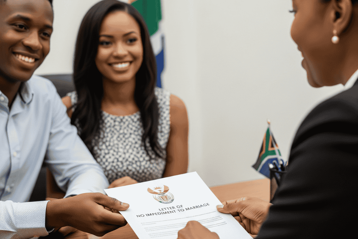 A South African couple receiving a Certificate of No Impediment to marry 