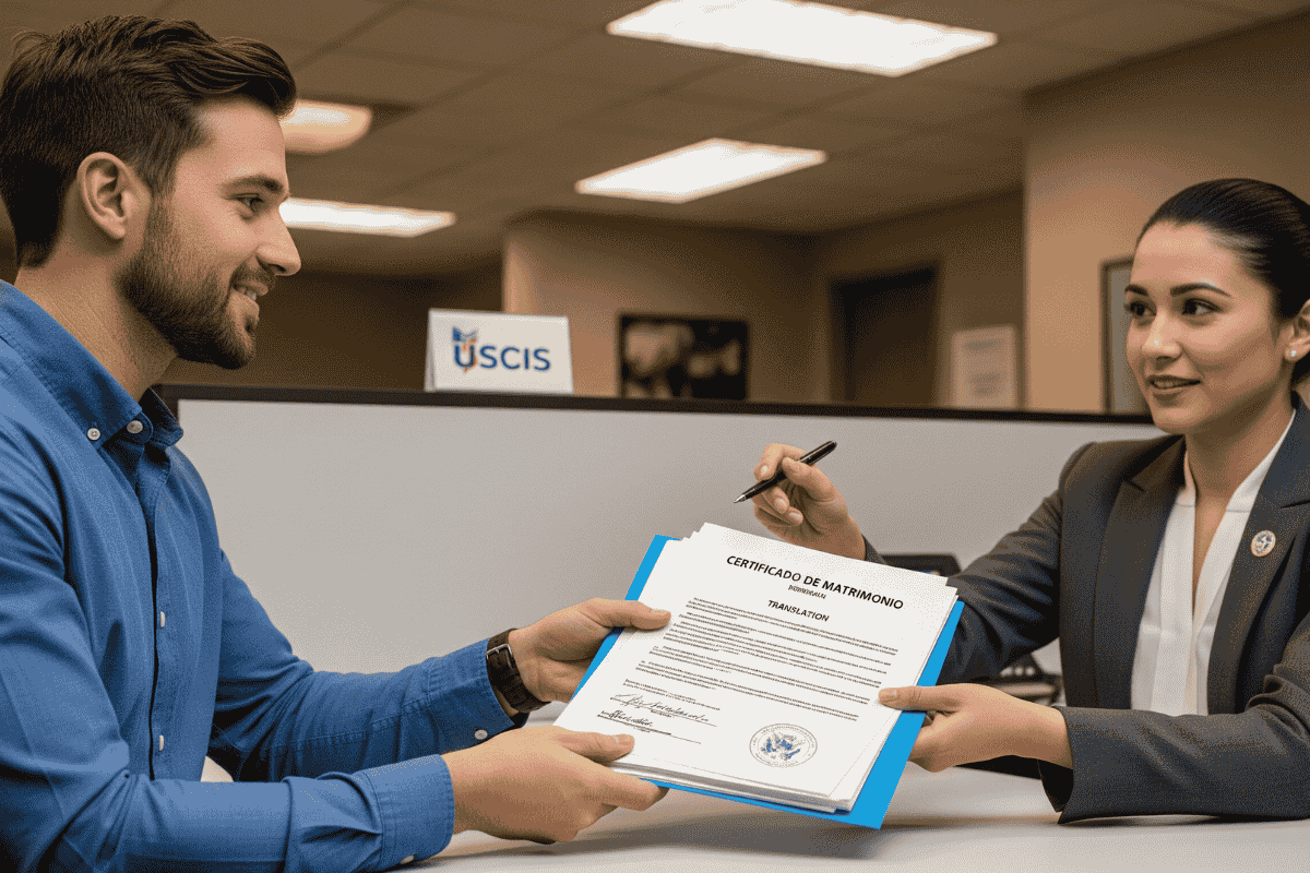 A man submitting a Mexican marriage certificate translation and other documents to USCIS for immigration purposes.