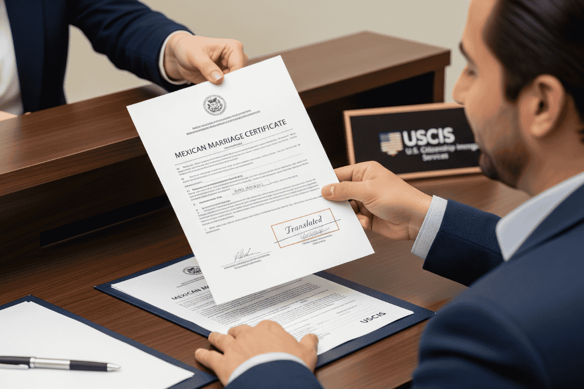A man submitting a translated Mexican marriage certificate at the USCIS office